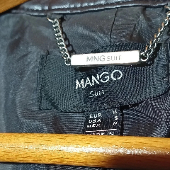 Mango Brown faux leather bomber biker jacket coat zipper pockets buckles small - Picture 7 of 7